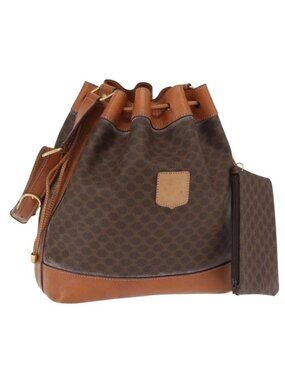 Authentic CELINE Macadam Canvas Shoulder Bag PVC Leather Brown Gold